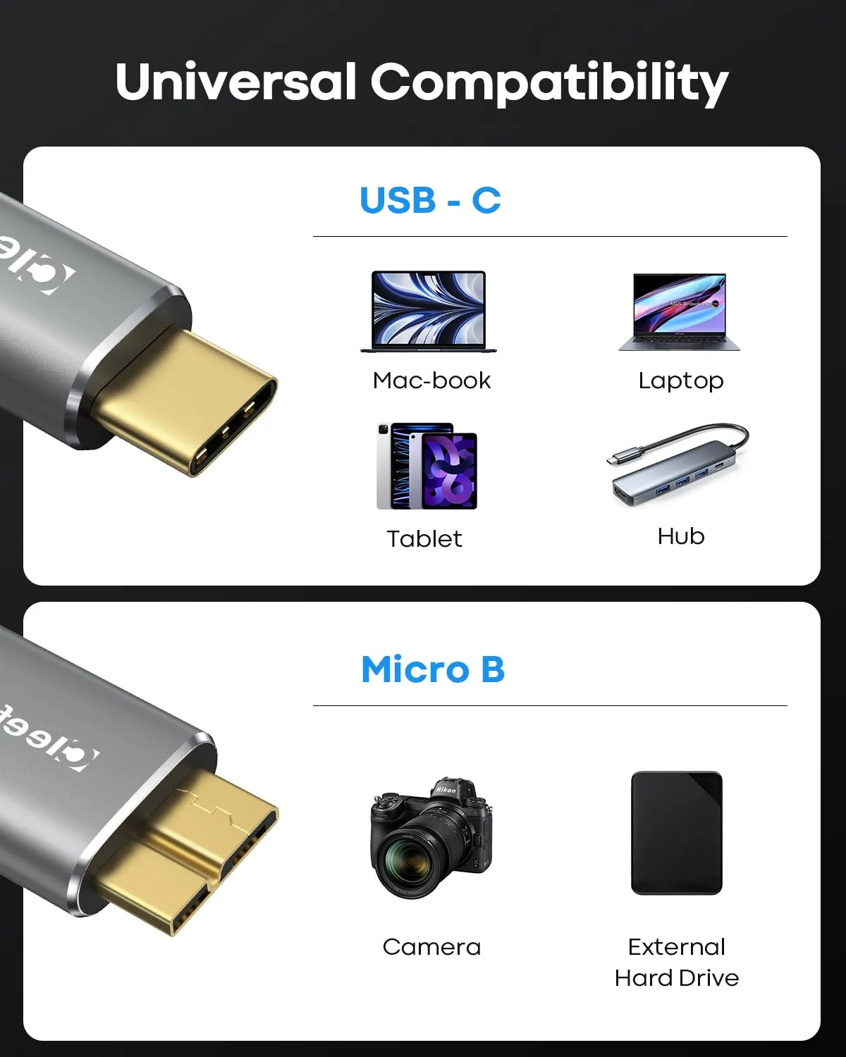 Cleefun USB-C to Micro B Cable 2m, 10Gbps for External Hard Drive, Seagate, WD, Toshiba, Westgate and More, Nylon Braided - Grey