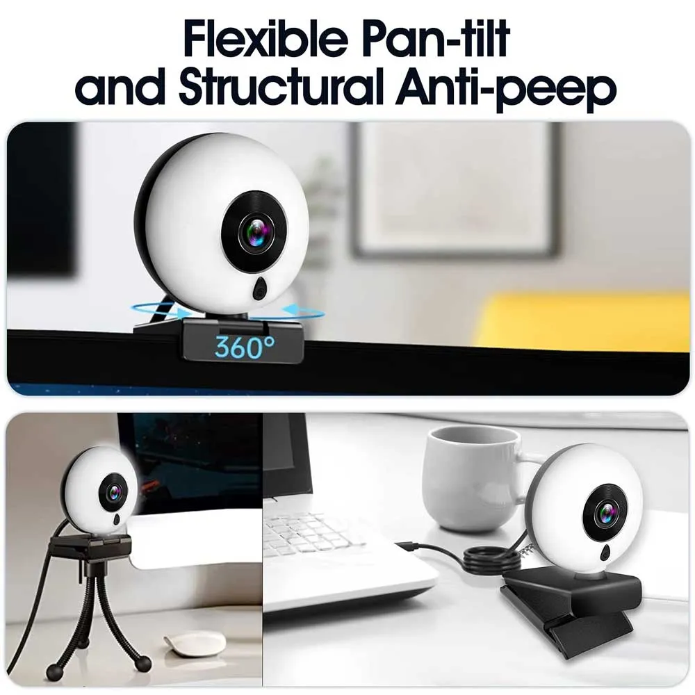 Streaming Webcam with Microphone and Built in Adjustable Ring Light 2K HD USB Web Camera with Tripod & Privacy Cover
