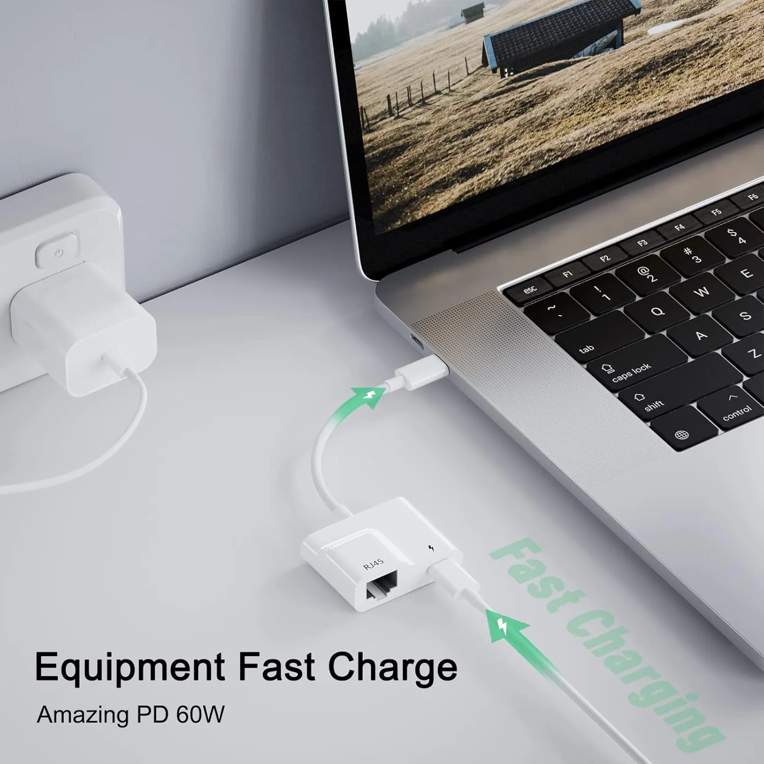 USB Type-C to Ethernet Adapter with Power 60W Charging for MacBook Pro/Air, Pad, Surface, XPS, Galaxy