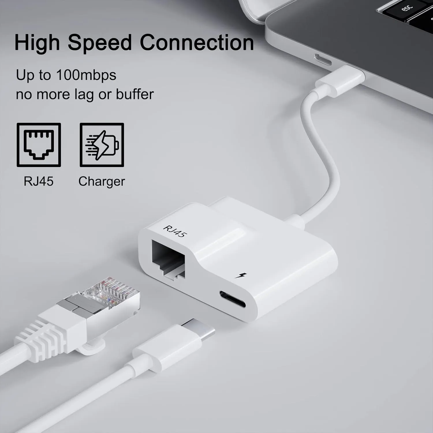 USB Type-C to Ethernet Adapter with Power 60W Charging for MacBook Pro/Air, Pad, Surface, XPS, Galaxy
