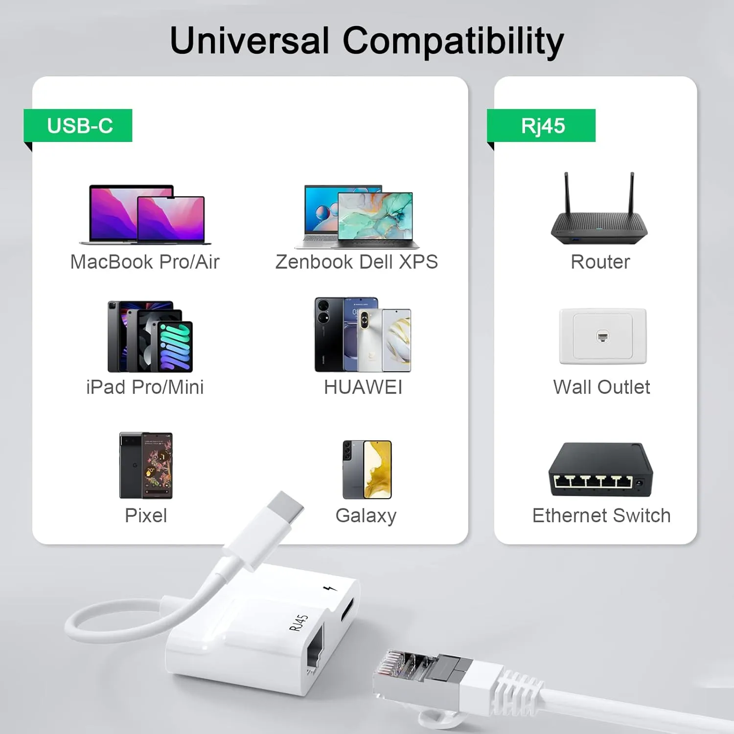 USB Type-C to Ethernet Adapter with Power 60W Charging for MacBook Pro/Air, Pad, Surface, XPS, Galaxy