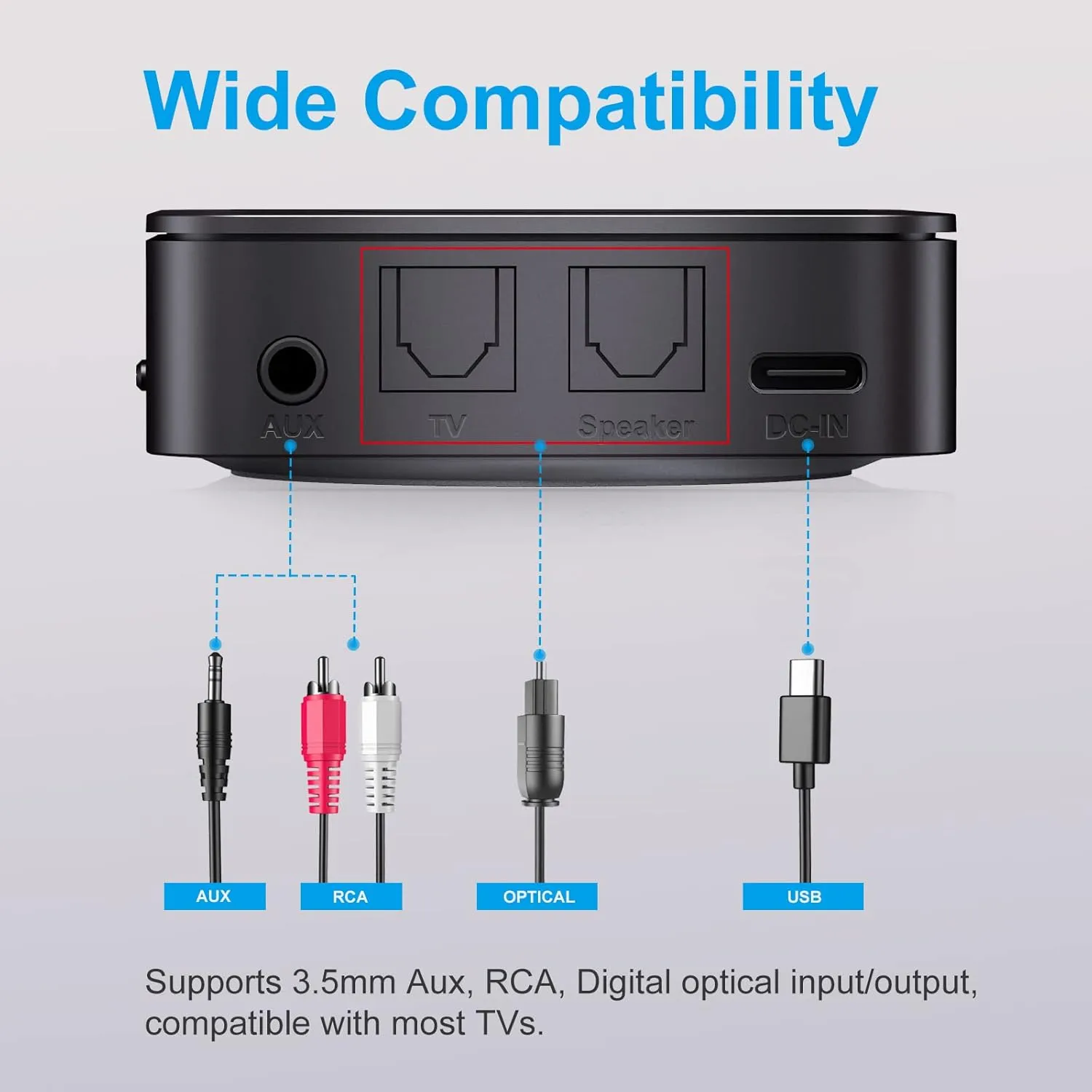 ZIOCOM Bluetooth 5.0 Transmitter Receiver, 2-in-1 Wireless Audio Adapter for TV/PC/ MP3/ Speaker/Home Stereo (Optical, 3.5mm Aux, RCA), Pairs 2 Devices Simultaneously