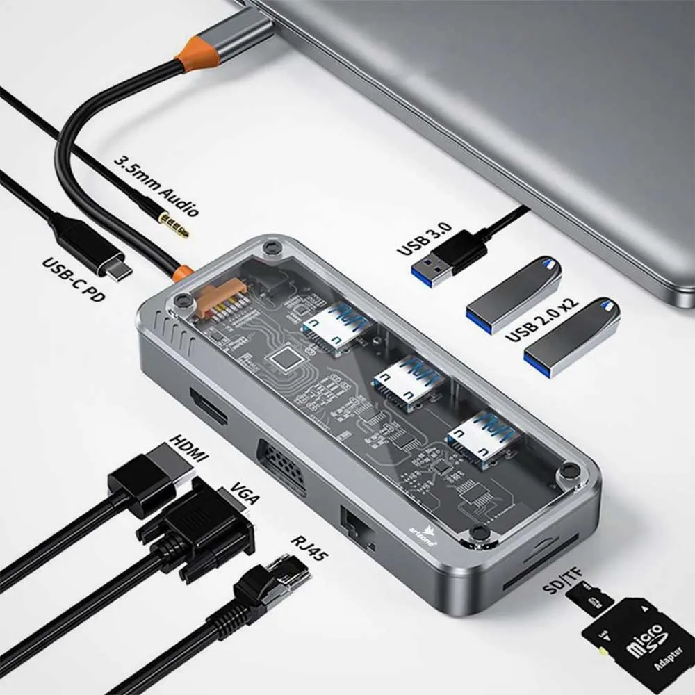 10 in 1 Type-C to USB + HDMI + VGA + RJ45 + SD/TF + Audio 3.5 HUB Docking Station
