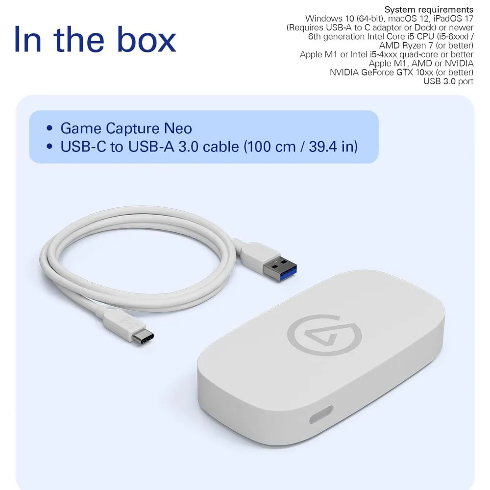 Elgato Game Capture Neo, Portable Capture Card 4K60 HDR Passthrough, 1080p60 Video Recording, For PS5|Xbox|Nintendo Switch 2, OBS