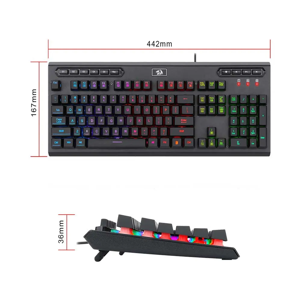 Redragon Aditya K513 Membrane Gaming Keyboard, 104 Keys Full-Size, 6 Preset Modes, 26 Anti-Ghost Keys, US QWERTY - Black