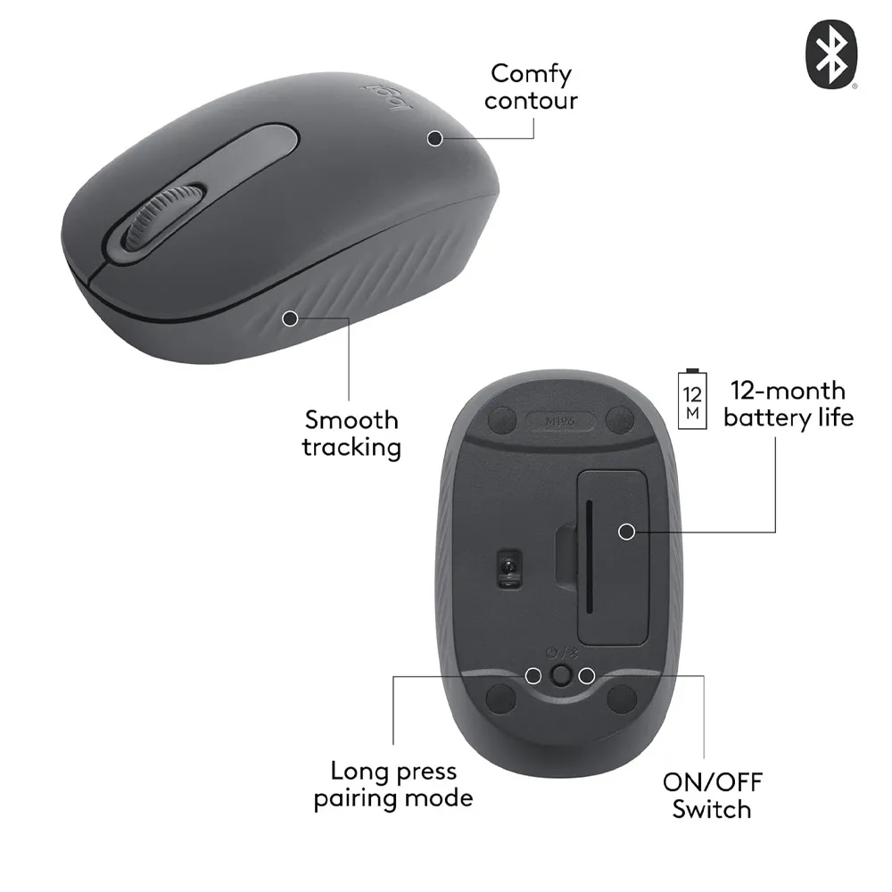 Logitech M196 Bluetooth Wireless Mouse, 12-Month Battery, Compatible with PC and Mac, Windows and macOS and More - Graphite