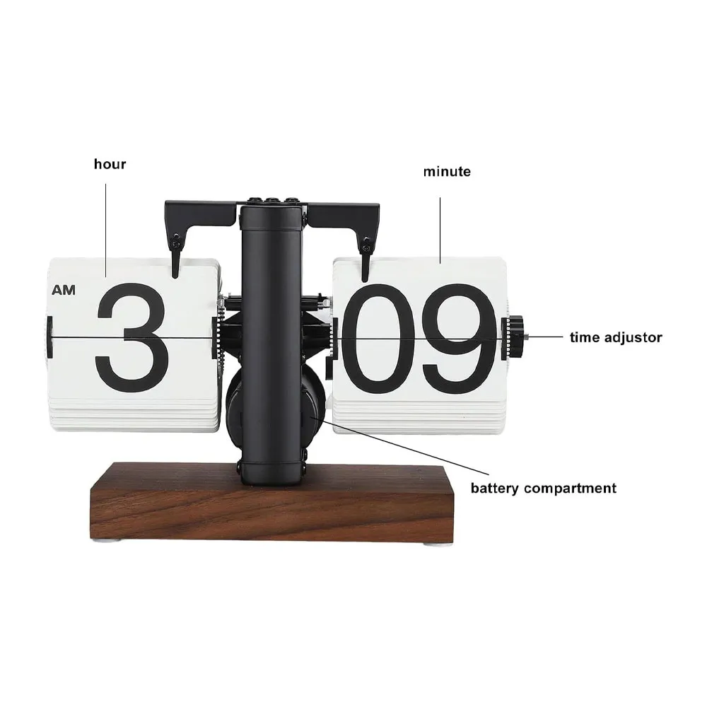 Desktop Mechanical Clock, Retro Digital Flip Desk Clock, Walnut Base Battery Powered for Office - White