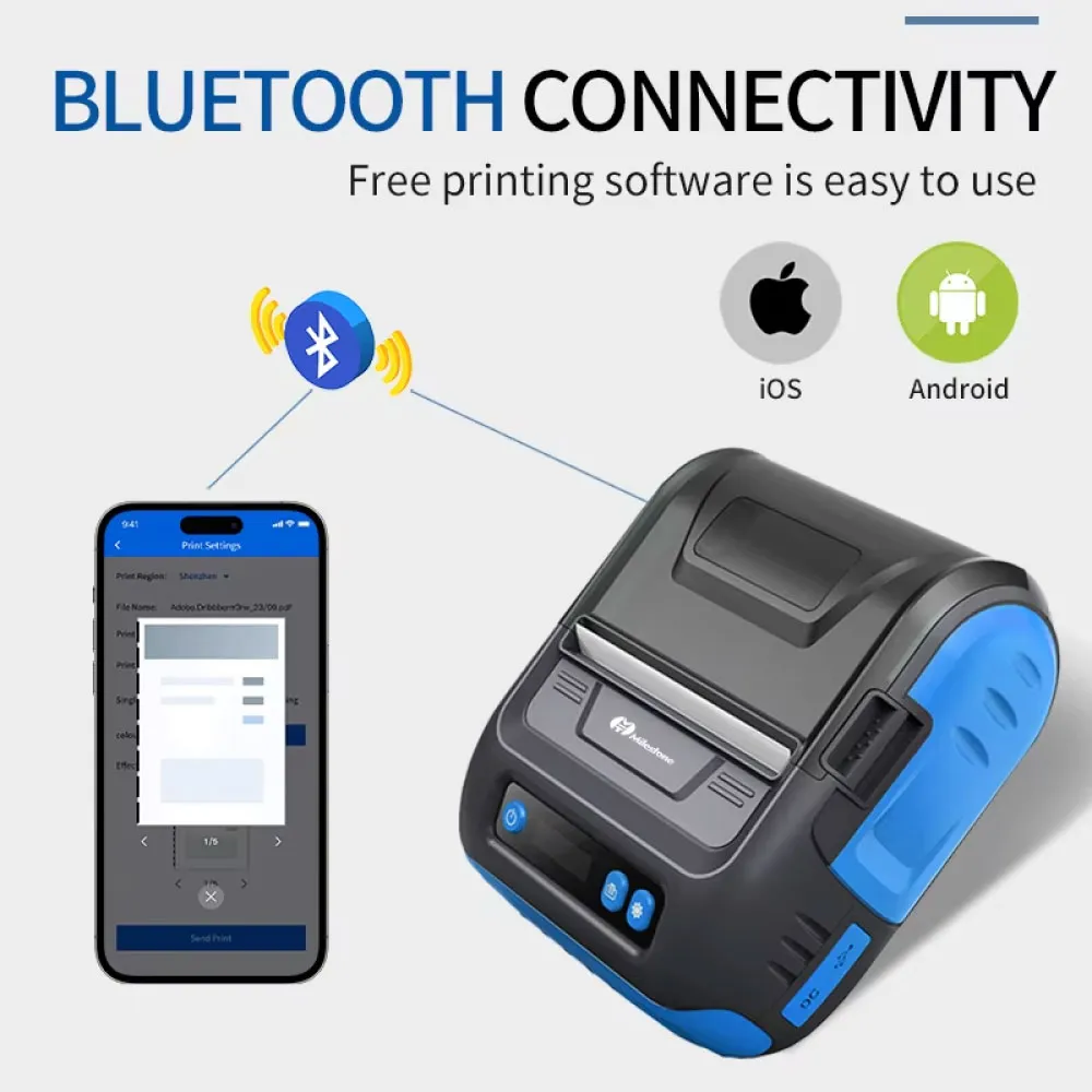 MHT-P29L Portable 80mm Thermal Label Printer Bluetooth Receipt Printer Machine Supports iOS and Android Mobile App Pocket Printer