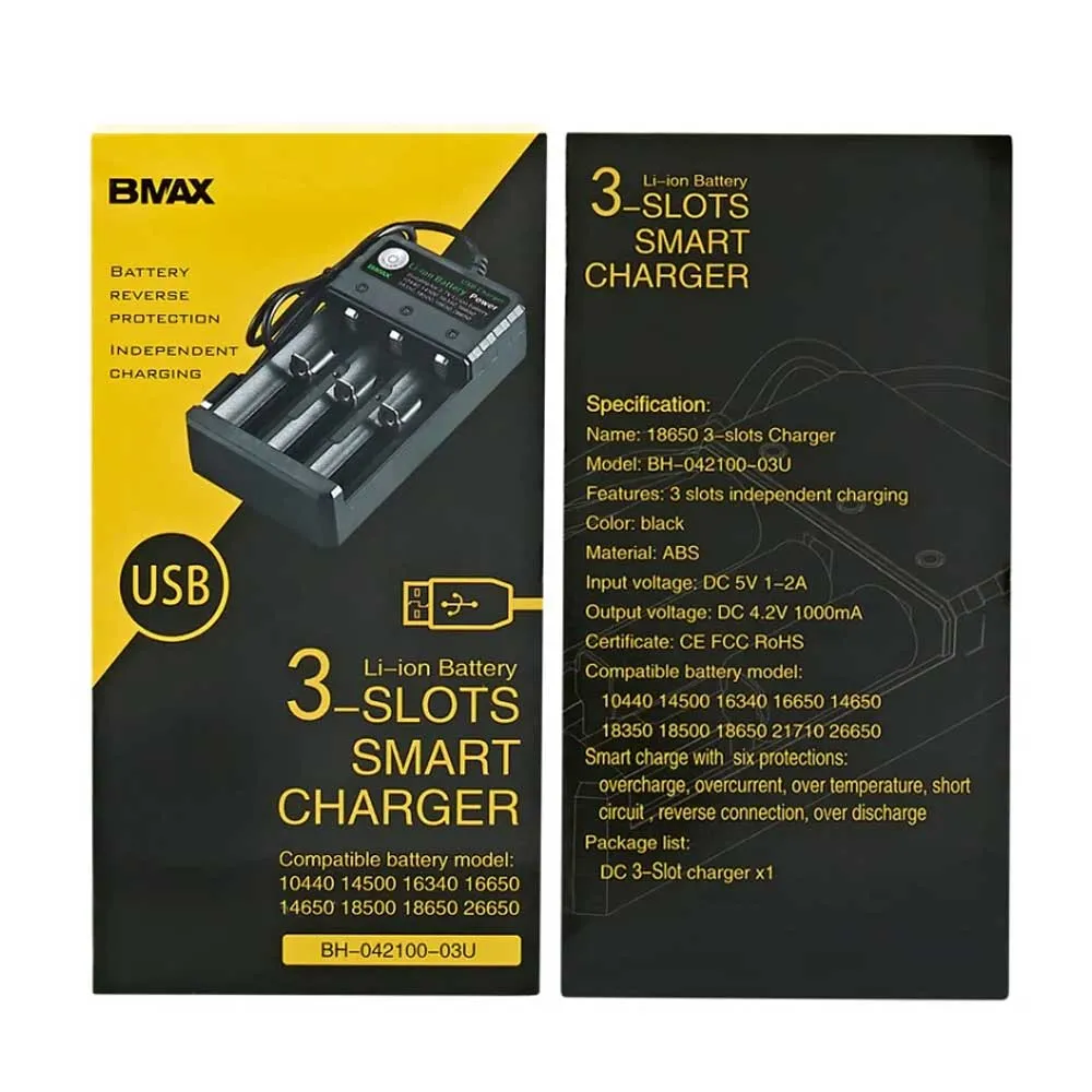 BMAX 18650 3 Slot USB Charging Seat 3.7/4.2V Independent Lithium Battery Charger