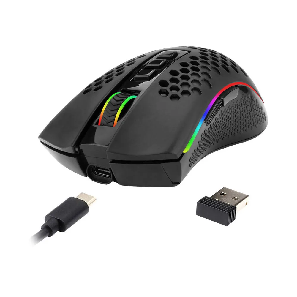 Redragon M808-KS Storm Pro USB 2.4G Wireless Gaming Mouse, RGB Honeycomb Form, 16,000 DPI Optical Sensor, 85g, Programmable Macro Buttons - Black
