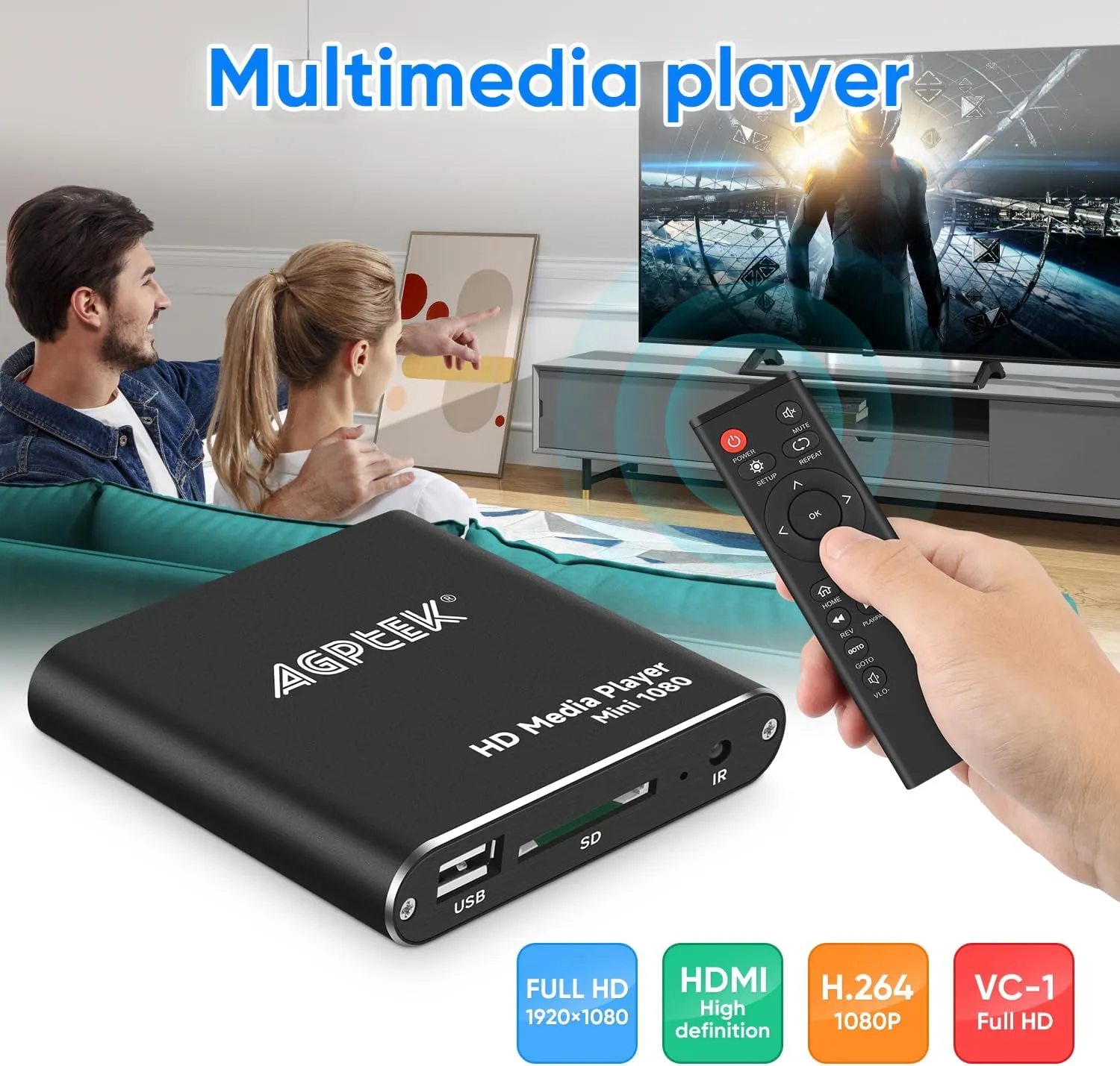 HDMI Media Player, Black Mini 1080p for -MKV/RM- HDD USB Drives and SD Cards