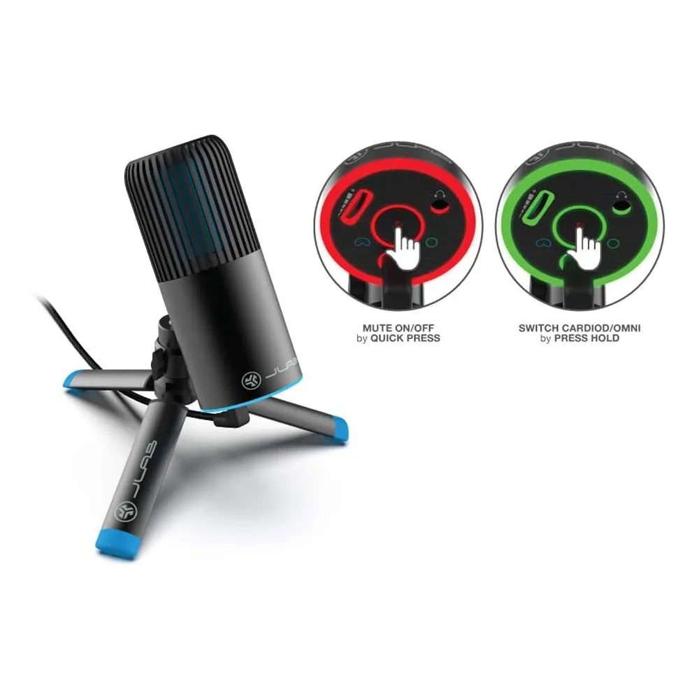 JLab Talk Go USB Microphone, USB-C Output, Cardioid or Omnidirectional, 96k Sample Rate, 20Hz, 20kHz Frequency Response, Volume Control and Quick Mute, Plug and Play