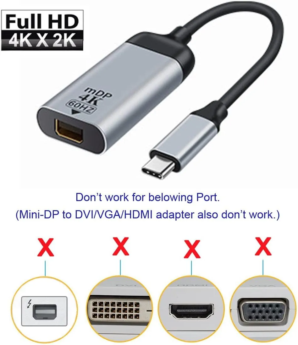 USB Type-C to Mini DisplayPort Adapter 4K 60hz for Tablet & Phone & Laptop