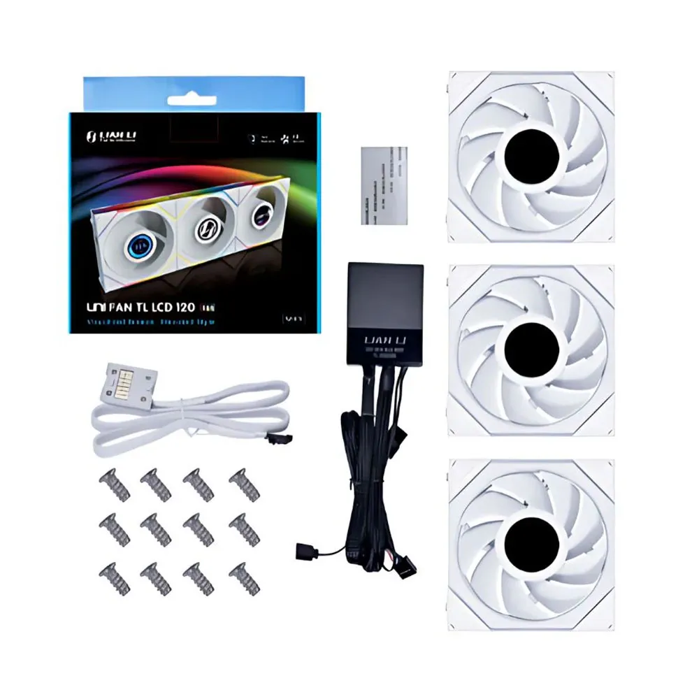 Lian Li UNI Fan TL LCD 120, Triple Pack, ARGB Fan -FDB Bearing- Daisy-Chain Style, Dual Zone Lighting Effects, with Controller - White
