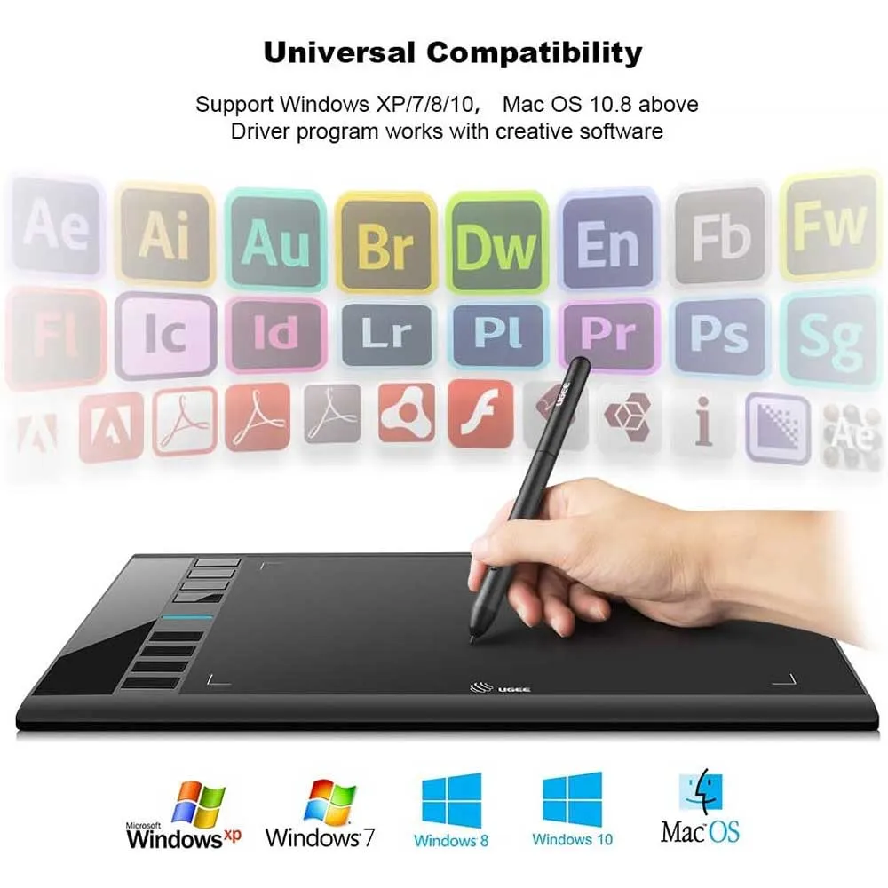 UGEE M708 Drawing Tablet,10 x 6 inch 16K Pressure Level Digital Graphics Tablet,Battery-Free Stylus,8 Hot Keys Compatible with Win,iOS,Android,Prefect