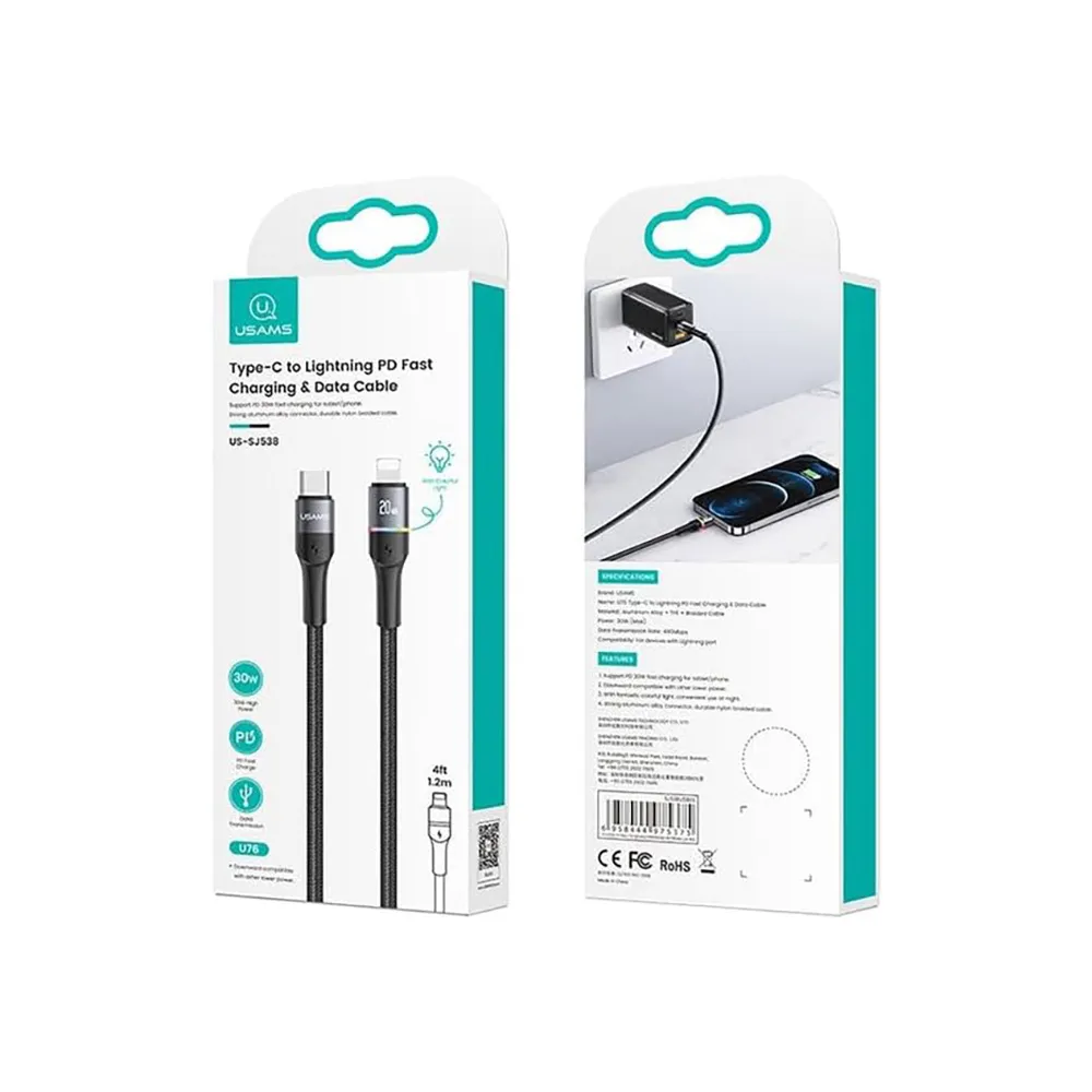 Usams Us-SJ538 U76 Type-C To Lightning Pd 20W Fast Charging & Data Cable With Colorful Light 1.2M Very Distinctive And Small Size, Suitable for Frequent Travel