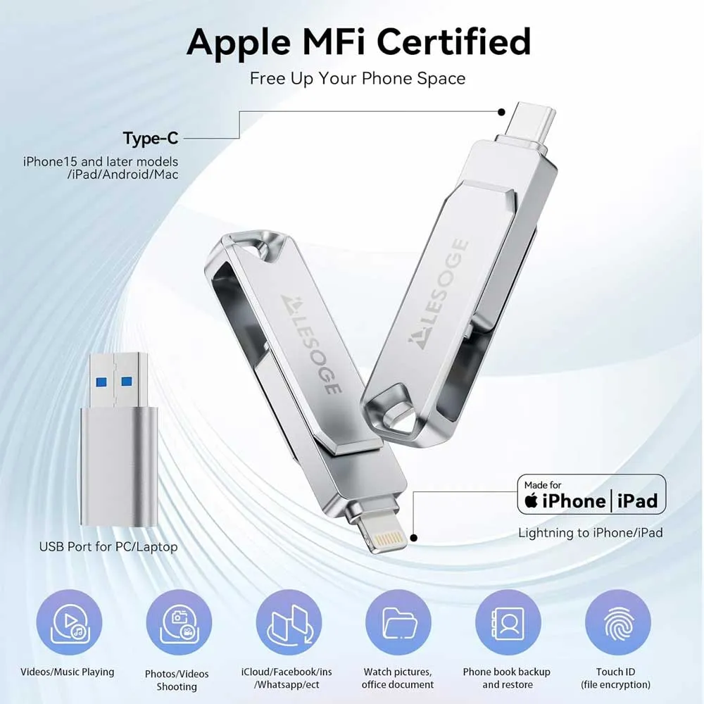 Lesoge 128GB MFi Certified USB C Lightning Flash Drive, Dual Interface Flash Drive with USB C Adapter, iPhone External Storage, High Speed ​​USB 3.0 