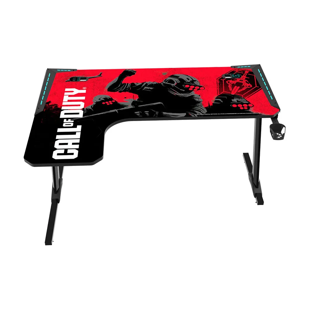 Call Of Duty BLKOPS6-RAPTOR-L RGB Flowing Light Gaming Desk With Full Table Mouse pad, Wireless Charger, USB Splitter, Headphone Hook, Cup Holder