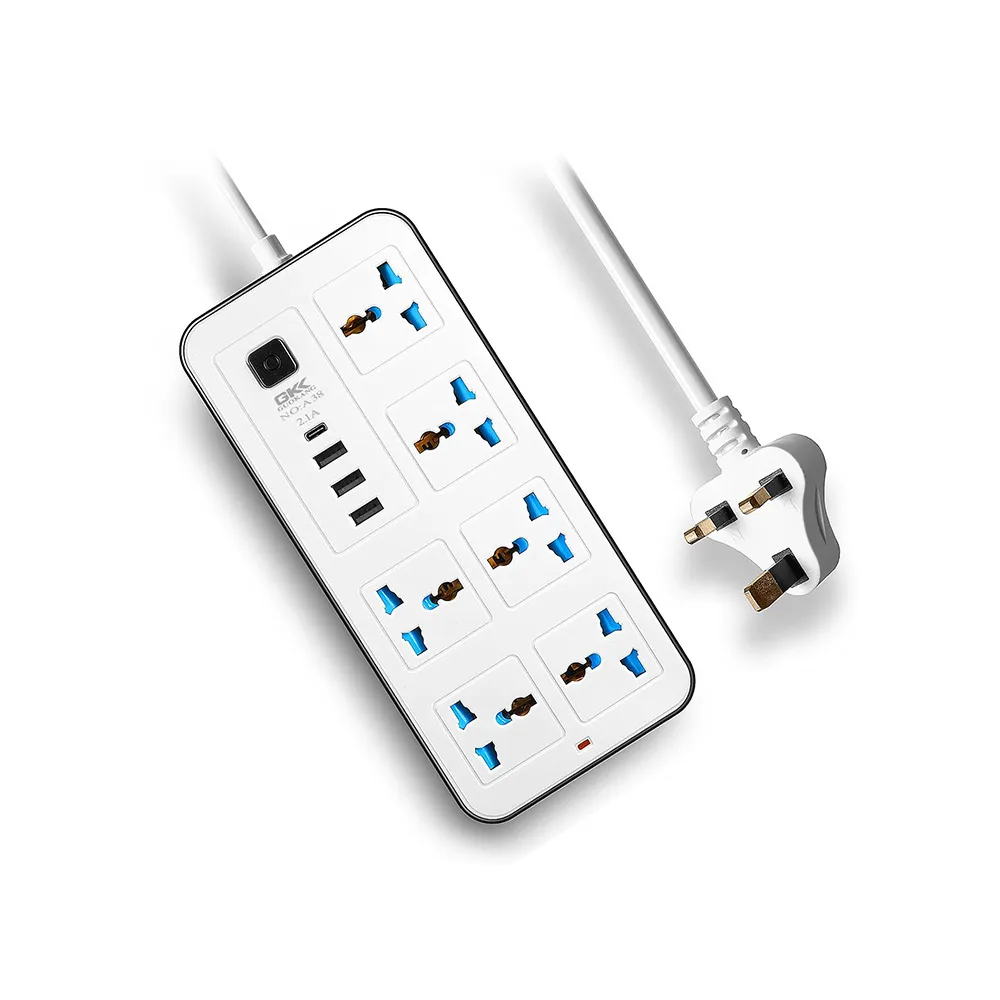 Guokang Universal Extension Lead with Multiple Function, UK Plug 3 Pin Socket Outlet with 6 Gang, 3 USB Port, 1 Type-C Port,1.8M Cable Power Strip - White