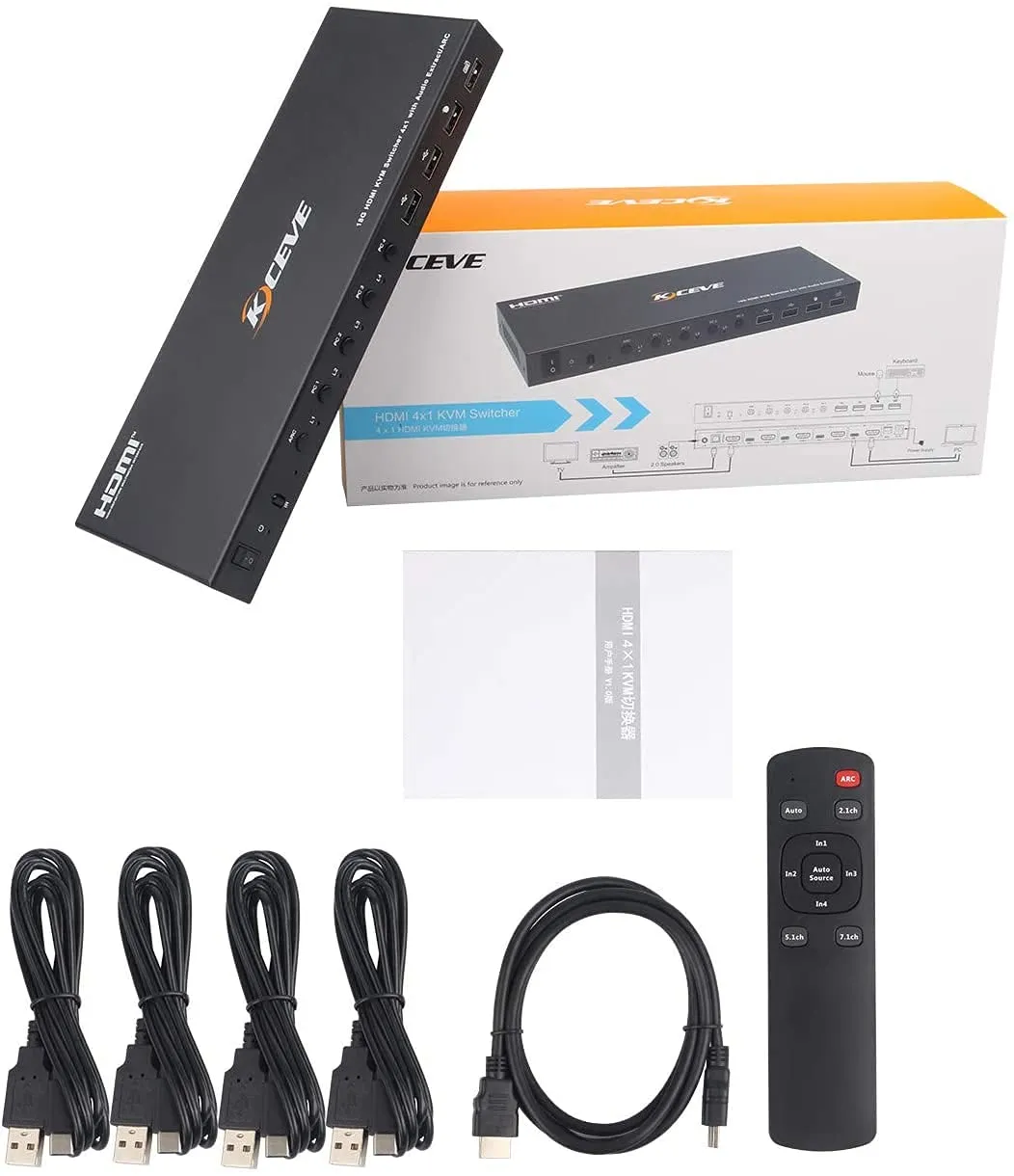 KCEVE KVM Switch 4 Computer 4K@60Hz Win/Linux/Mac with Remote Control