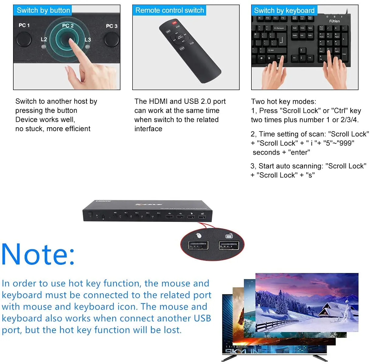 KCEVE KVM Switch 4 Computer 4K@60Hz Win/Linux/Mac with Remote Control