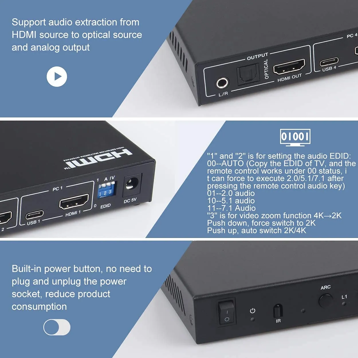 KCEVE KVM Switch 4 Computer 4K@60Hz Win/Linux/Mac with Remote Control