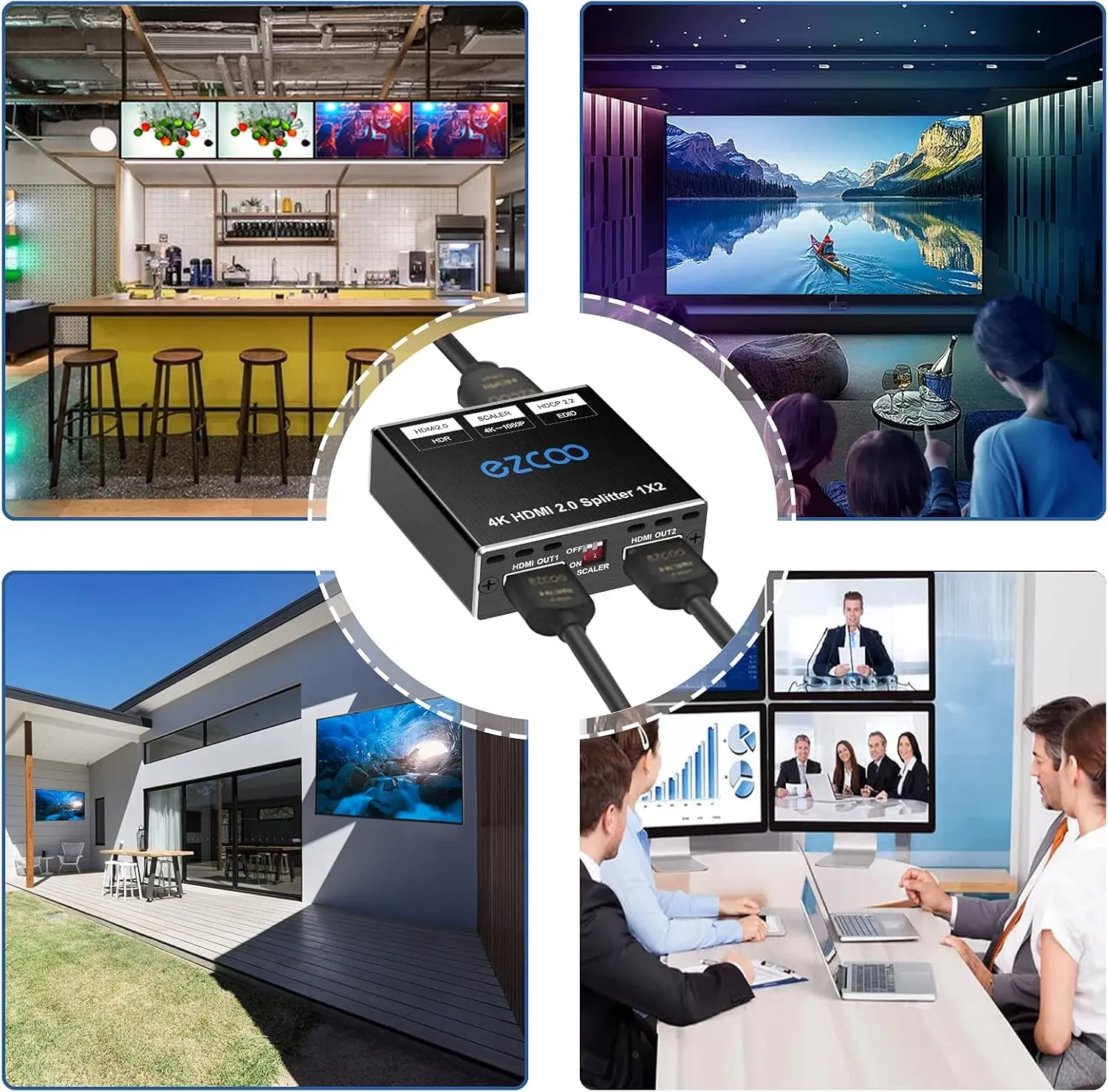 EZCOO 4K HDMI Splitter - 1x2 HDR, Dolby Vision Atmos, Down Scaler, 4K 1080P Sync