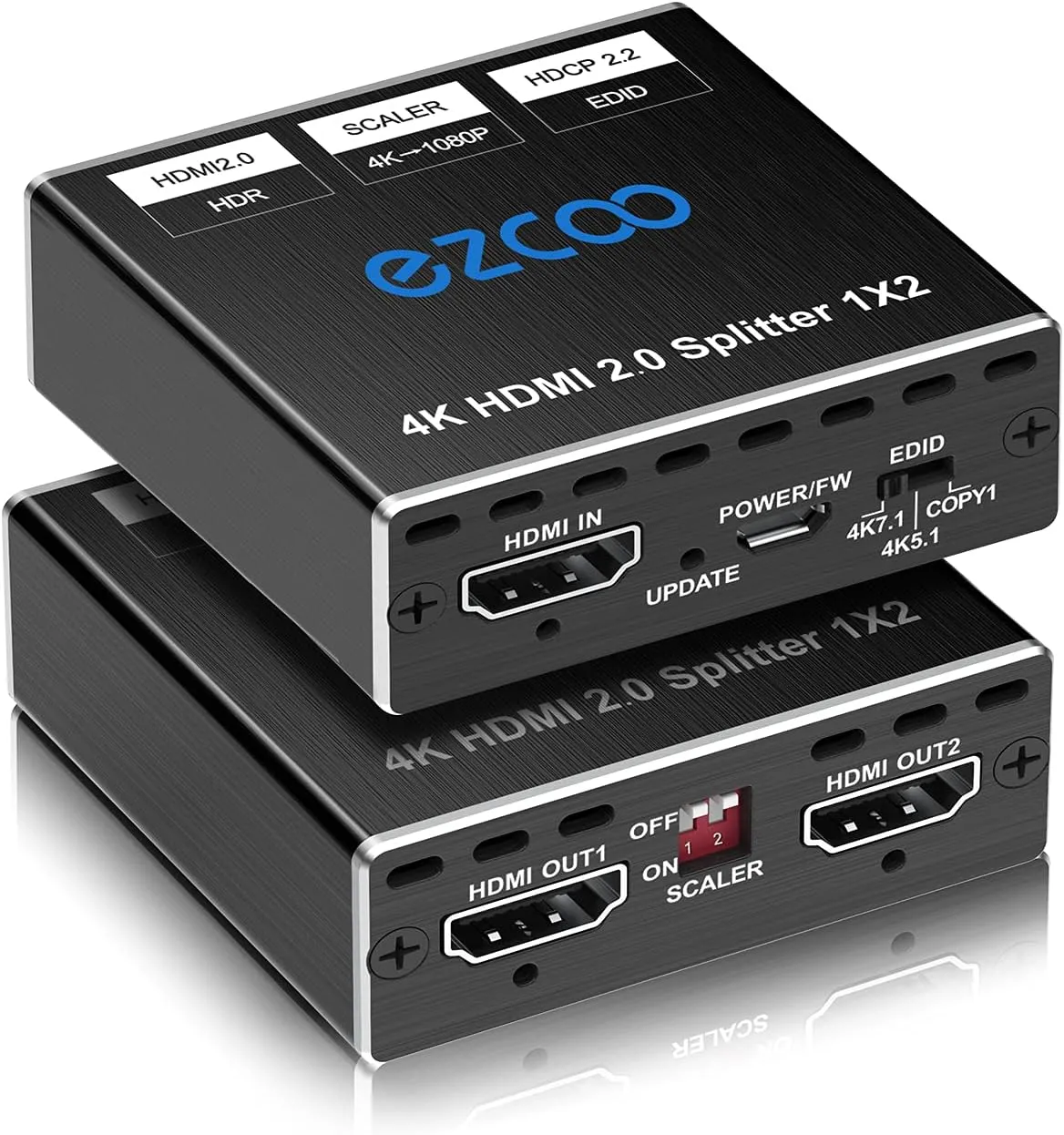 EZCOO 4K HDMI Splitter - 1x2 HDR, Dolby Vision Atmos, Down Scaler, 4K 1080P Sync