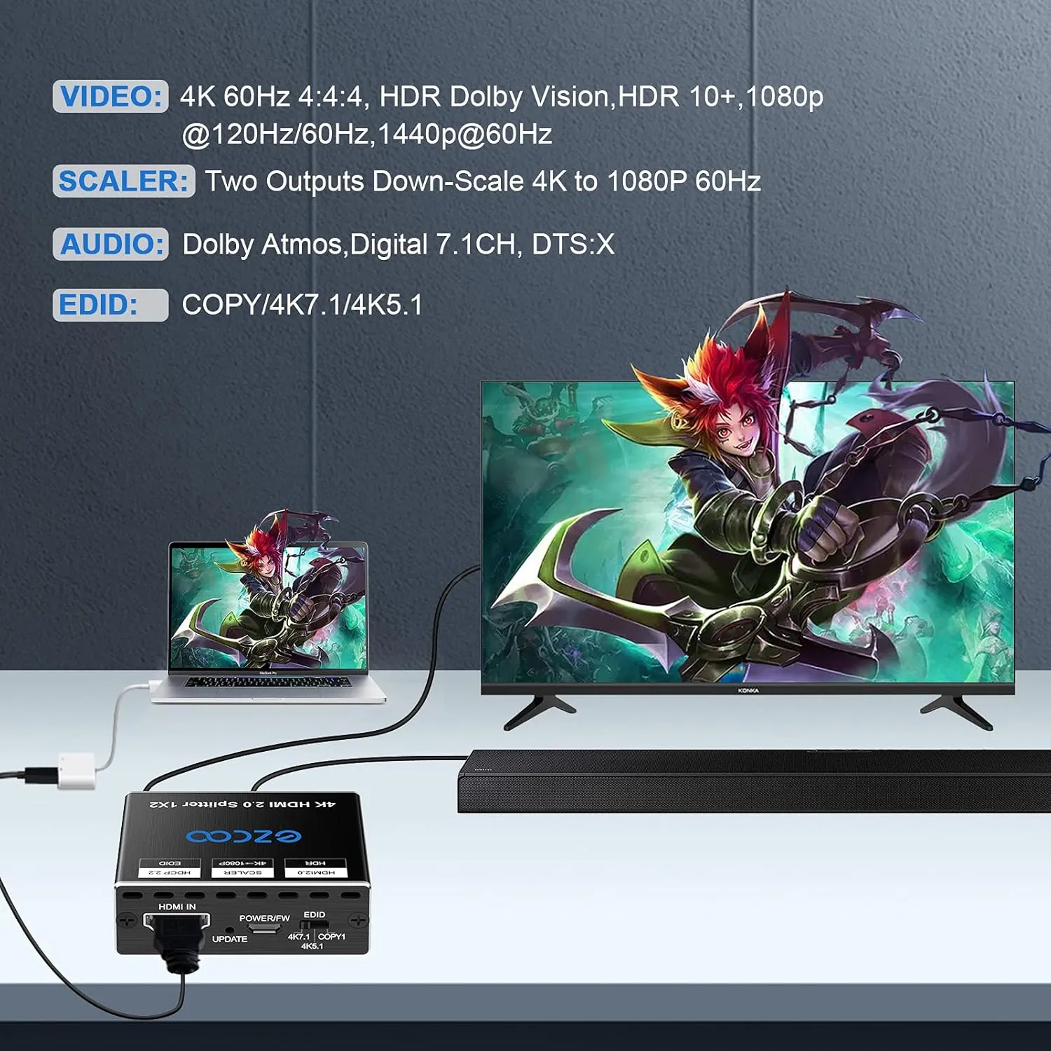 EZCOO 4K HDMI Splitter - 1x2 HDR, Dolby Vision Atmos, Down Scaler, 4K 1080P Sync