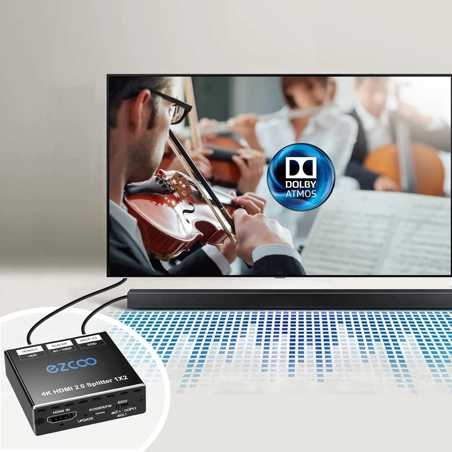 EZCOO 4K HDMI Splitter - 1x2 HDR, Dolby Vision Atmos, Down Scaler, 4K 1080P Sync