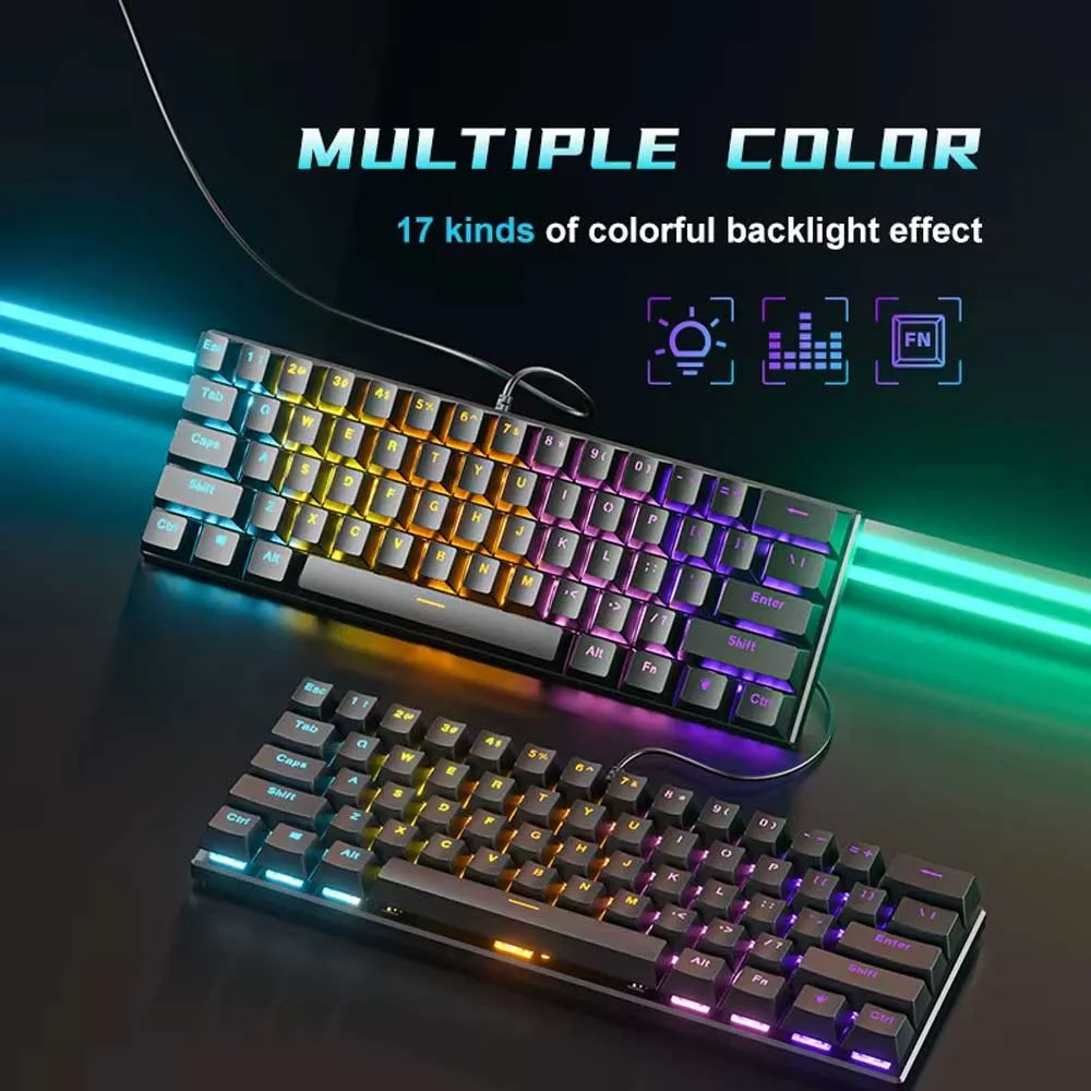ZIFRIEND BD61 Mechanical Ergonomic Keyboard, 61 Keys Hybrid, LED Backlit, Wired Red Liner Switch Gaming Keyboard - Black