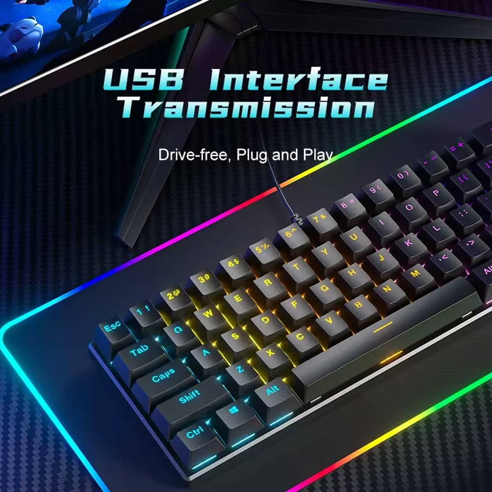 ZIFRIEND BD61 Mechanical Ergonomic Keyboard, 61 Keys Hybrid, LED Backlit, Wired Brown Slight Sound Switch Gaming Keyboard - Black