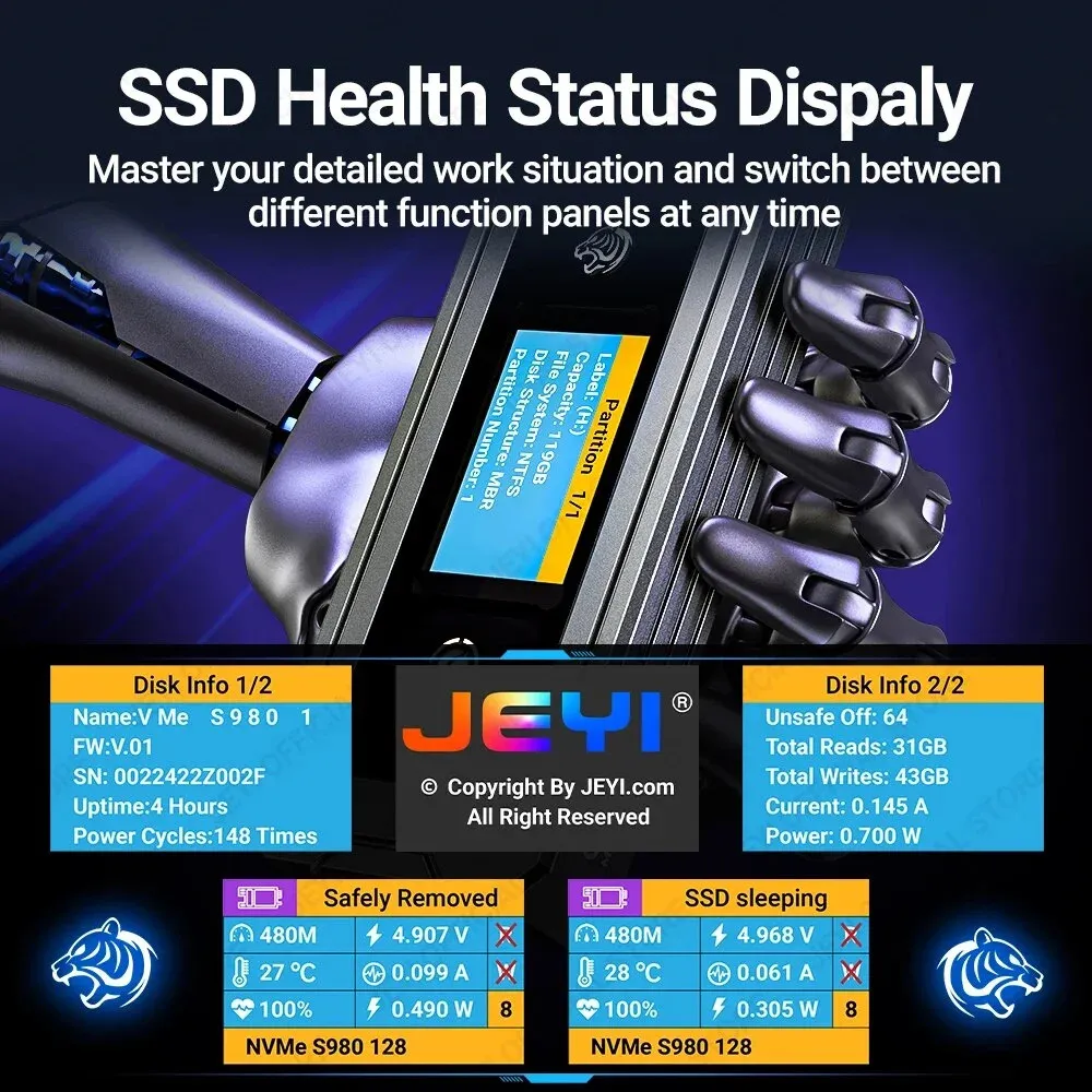 JEYI Visual Smart M.2 NVMe / SATA SSD Enclosure, USB 3.2 10Gbps 10 Set Modes Real-time temperature