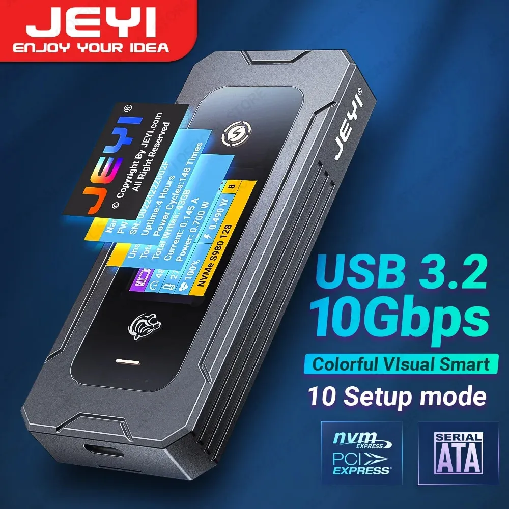 JEYI Visual Smart M.2 NVMe / SATA SSD Enclosure, USB 3.2 10Gbps 10 Set Modes Real-time temperature