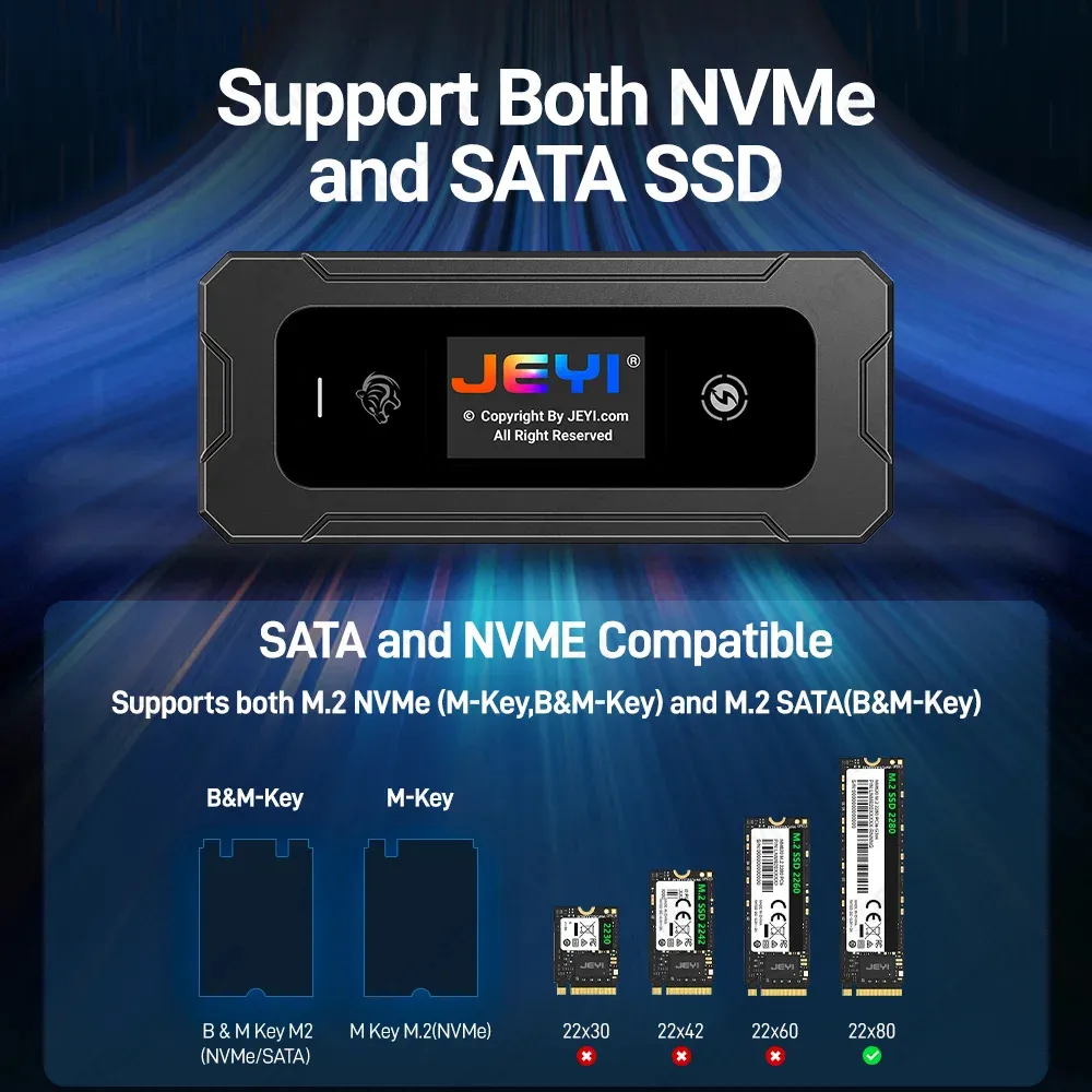 JEYI Visual Smart M.2 NVMe / SATA SSD Enclosure, USB 3.2 10Gbps 10 Set Modes Real-time temperature