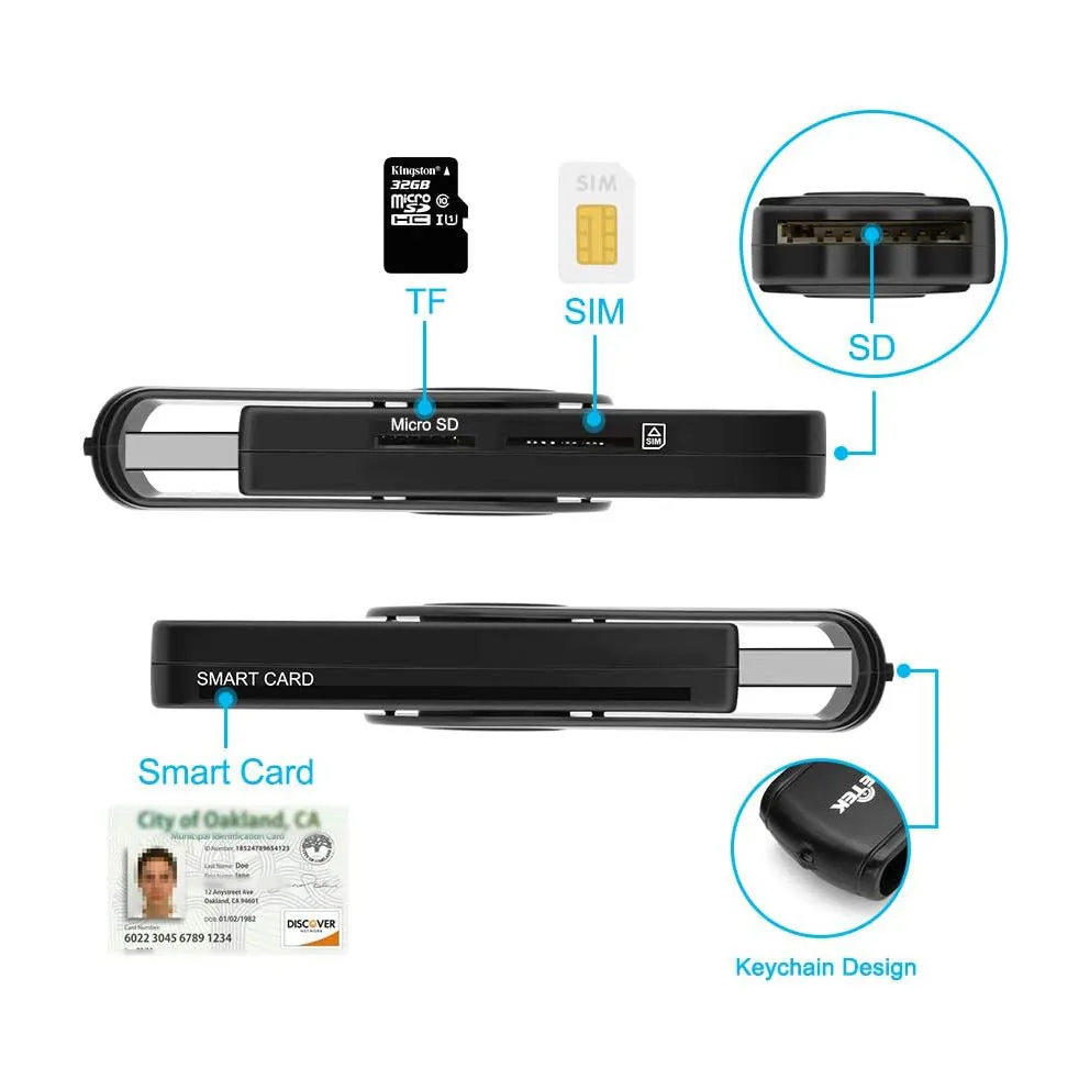 Rocketek DOD Military USB CAC Memory USB Smart Card Reader Compatible with Windows, Linux/Unix, MacOS X - Build in SDHC/SDXC/SD Card Reader and Micro SD Card Reader