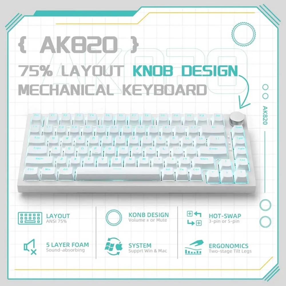 Ajazz AK820 White Backlit Wired 75% Hot-Swappable Blue Switch Mechanical Keyboard - White
