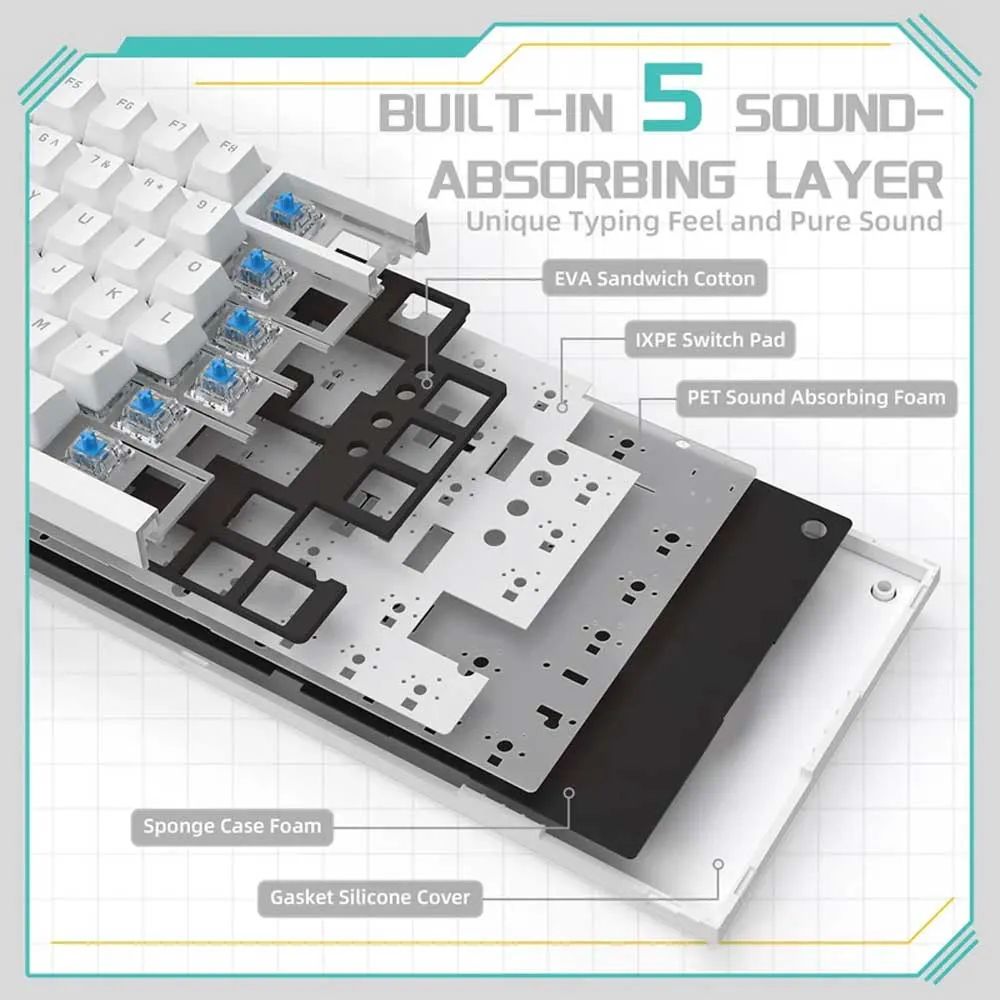 Ajazz AK820 White Backlit Wired 75% Hot-Swappable Blue Switch Mechanical Keyboard - White