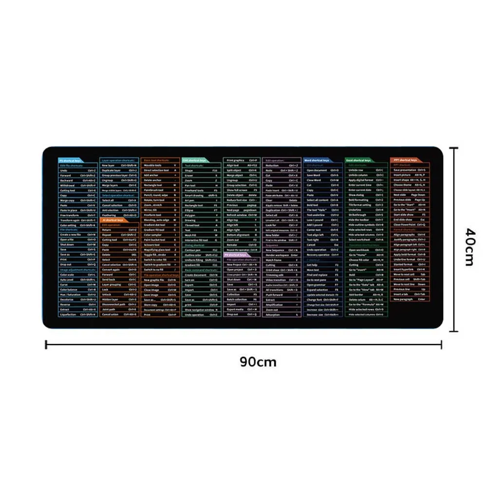 English Shortcut Key Mouse Pad 40x90cm Large Gaming Mouse Pad - Black
