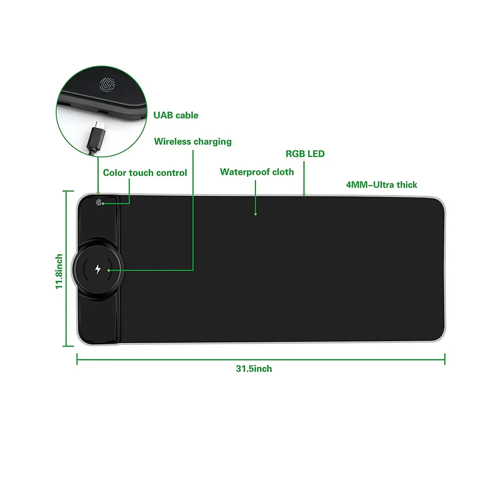Wireless Charging Mouse Pad ,15W Wireless Charger,10 Lighting Modes, Non-Slip Rubber Base For Keyboard Mouse - Black