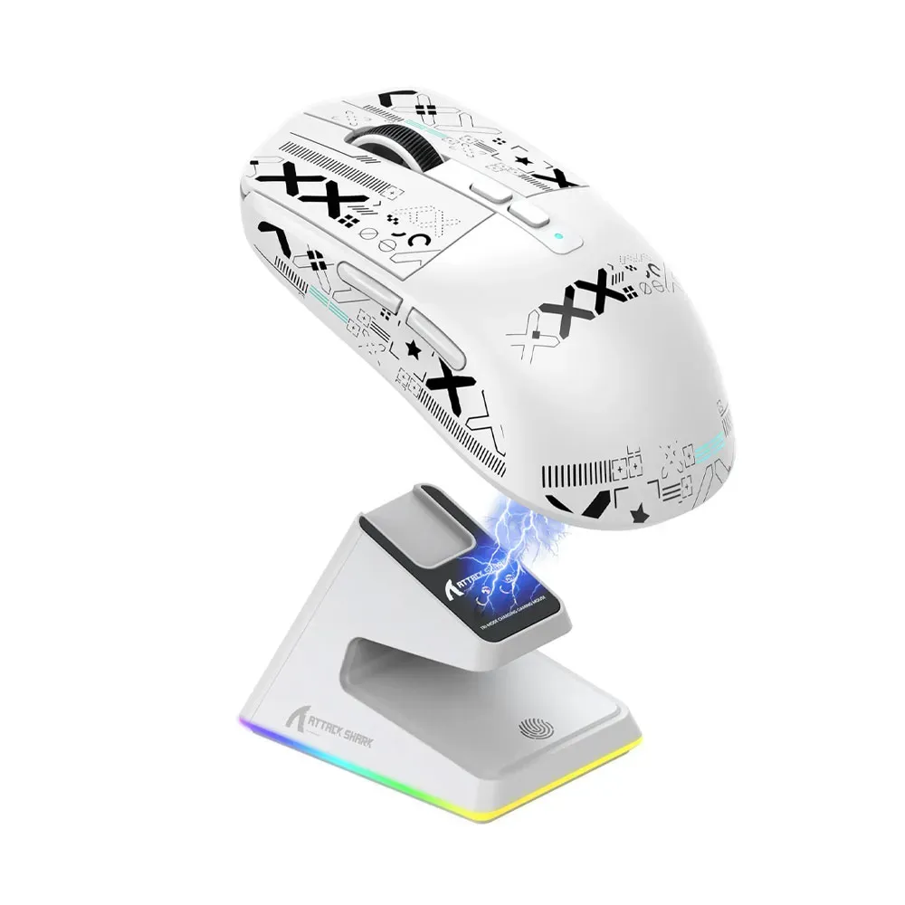 ATTACK SHARK X6 PAW3395 49g Superlight Mouse with Magnetic Charging Station, BT/2.4G Wireless/Wired, 26000 DPI - White