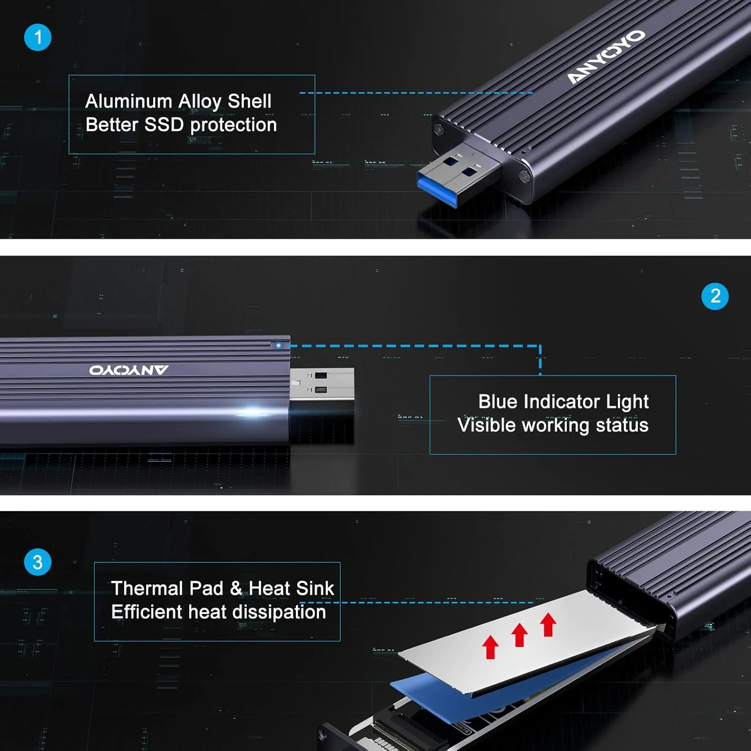 ANYOYO USB 3.2 Gen 2 10Gbps M.2 NVME/SATA SSD Enclosure with M-Key or M+B Key.