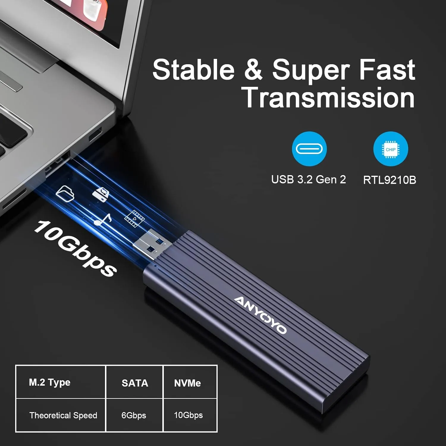 ANYOYO USB 3.2 Gen 2 10Gbps M.2 NVME/SATA SSD Enclosure with M-Key or M+B Key.