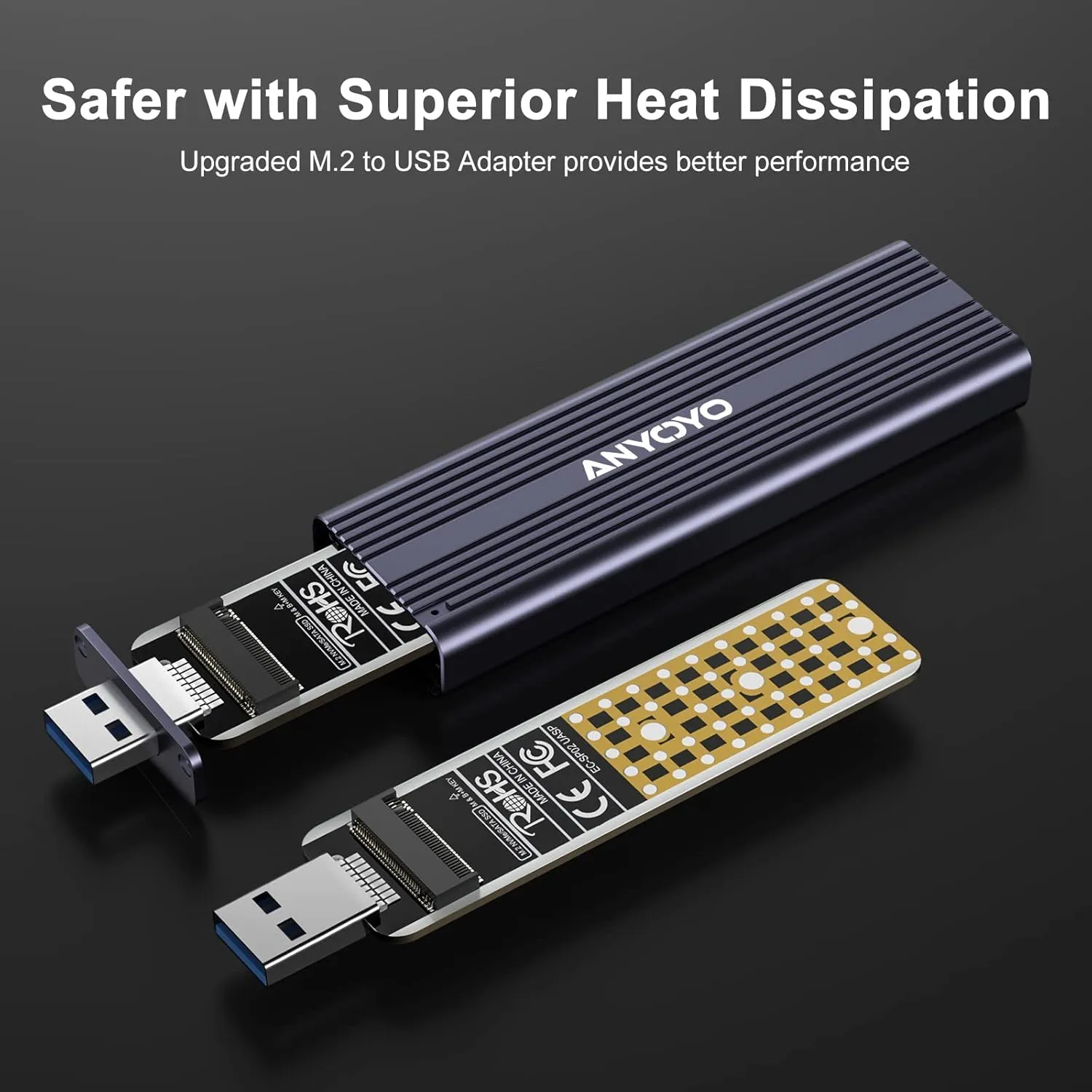 ANYOYO USB 3.2 Gen 2 10Gbps M.2 NVME/SATA SSD Enclosure with M-Key or M+B Key.