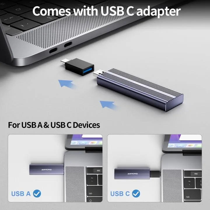 ANYOYO USB 3.2 Gen 2 10Gbps M.2 NVME/SATA SSD Enclosure with M-Key or M+B Key.