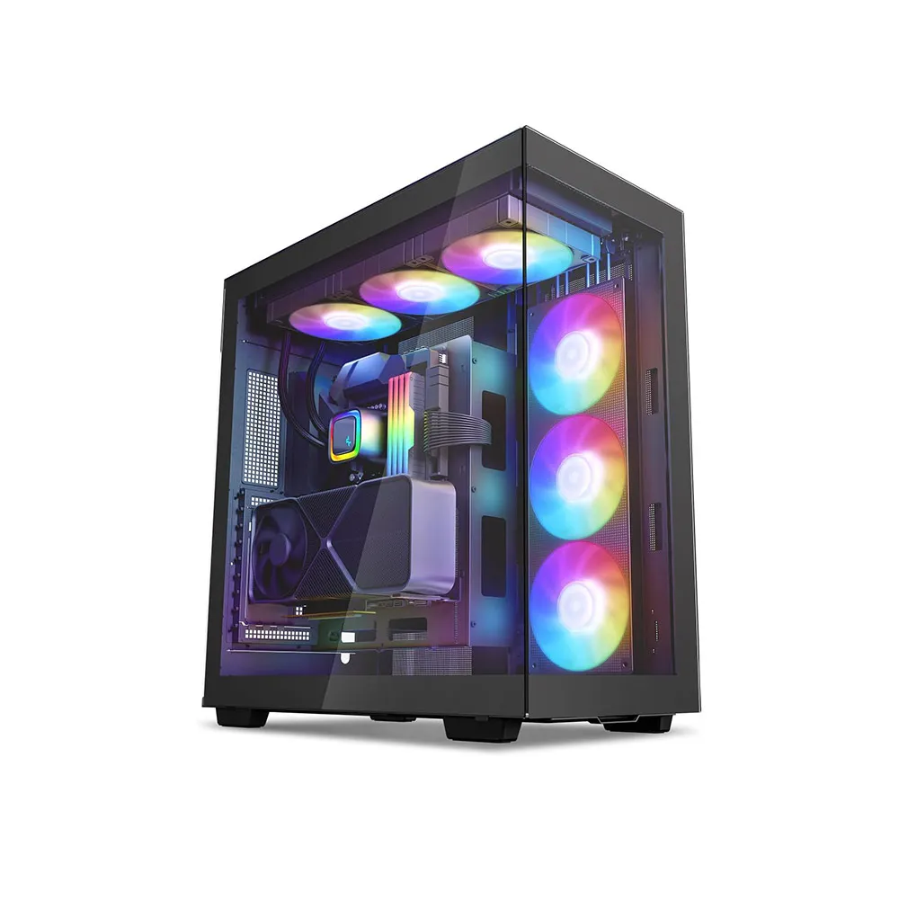 DeepCool CH780, ATX Dual-Chamber 3 x 140mm PWM ARGB Fans Pre-Installed Full Tower Gaming PC Case Panoramic Glass Panels 420mm Radiator - Black