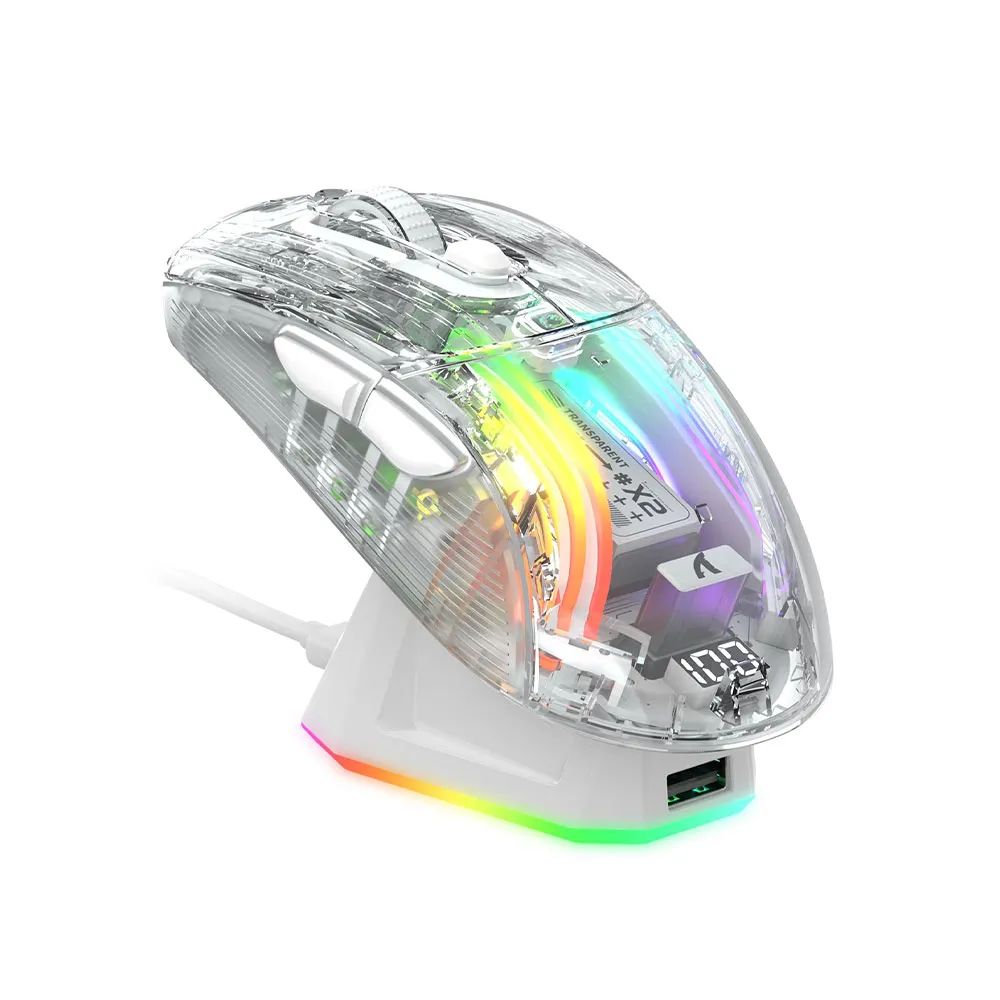 ATTACK SHARK X2 Pro Wireless Gaming Mouse with RGB Charging Dock, Tri-Mode PC Gaming Mice 2.4G/Bluetooth/Wired, Noiseless, PixArt 3212 4000 DPI, - Transparent