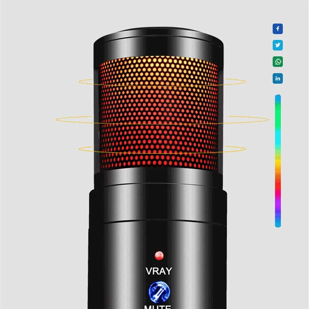 USB Microphone, Computer Condenser Mic with RGB Light, Volume Gain Control HiFi Sound Desktop Metal Microphone for Streaming, Podcast, Studio Recording, PC Gaming