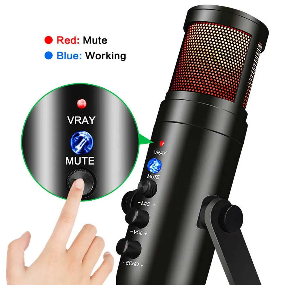 USB Microphone, Computer Condenser Mic with RGB Light, Volume Gain Control HiFi Sound Desktop Metal Microphone for Streaming, Podcast, Studio Recording, PC Gaming