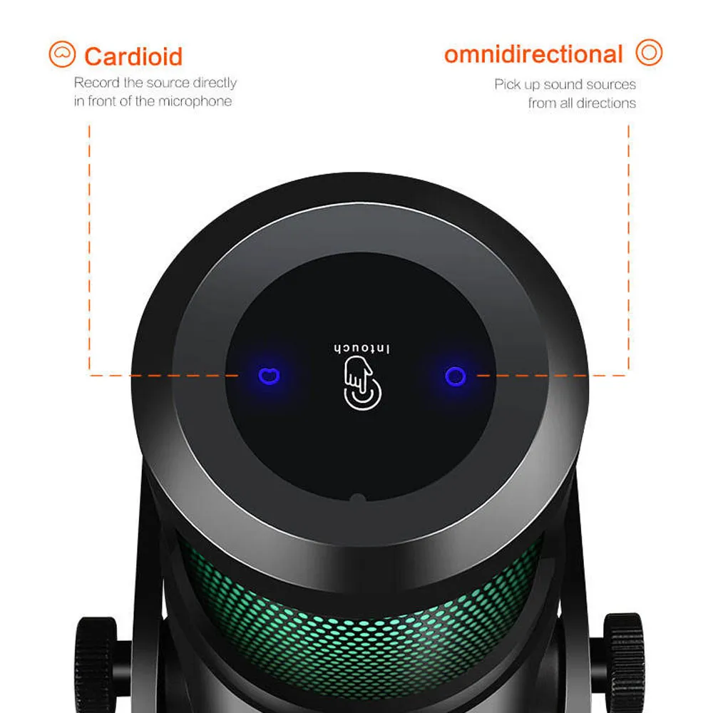 USB Microphone, Computer Condenser Mic with RGB Light, Volume Gain Control HiFi Sound Desktop Metal Microphone for Streaming, Podcast, Studio Recording, PC Gaming
